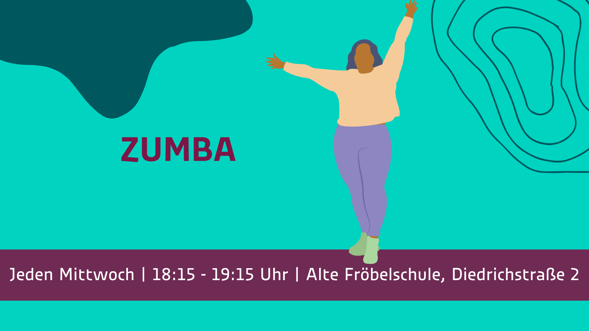 Du hast Lust, dich zu bewegen, Spaß zu haben und dabei noch tolle neue Leute kennenzulernen? Dann bist du beim Zumba genau richtig! Egal ob Anfänger oder erfahrener Tänzer, jung oder alt, alleine oder mit Freunden – bei uns ist jeder herzlich willkommen! Zumba ist eine Mischung aus Aerobic und überwiegend lateinamerikanischen Tanzelementen. Es geht nicht darum, perfekt zu sein, sondern sich zur Musik zu bewegen und eine gute Zeit zu haben. Was solltest Du mitbringen? - Bequeme Kleidung und Schuhe (am besten umgezogen) - Deine Wasserflasche - Deine Freunde und Familie – je mehr, desto besser!